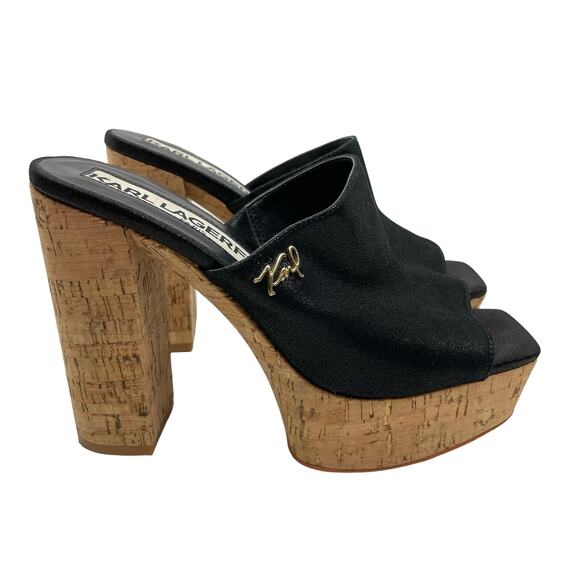 Karl Lagerfeld Paris | Henlsey Black Leather Cork Platform Block Heel Sandals - Picture 5 of 11